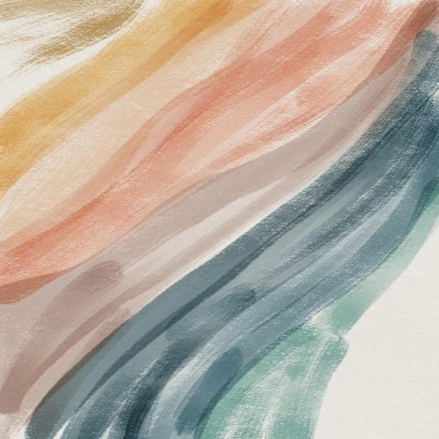 Soft watercolour strokes in peach, teal and blue